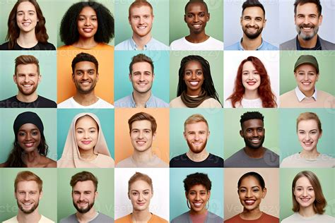 Collage of portraits and faces of smiling multiracial group of various ...