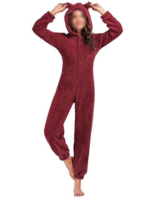 Aunavey Women One Piece Fleece Pajamas Jumpsuit Cartoon Bear Hooded