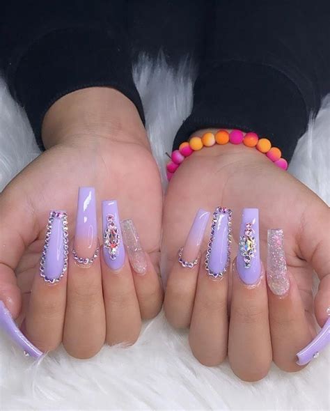 Purple Coffin Acrylic Nails With Rhinestones / Coffin shaped nails with ...