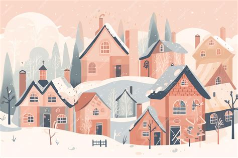 Premium AI Image | A cartoon illustration of a snowy village with a snowy landscape.