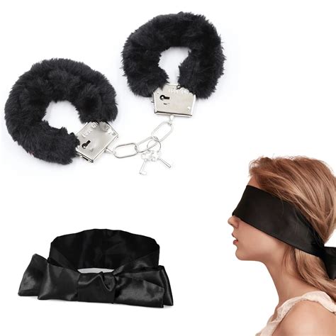 Metal Handcuffs with 2 Keys,Satin Blindfold Fluffy Handcuffs Play