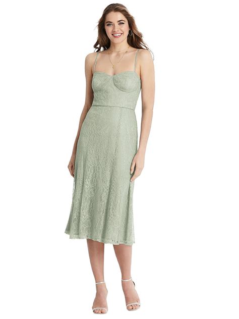 Lace Bustier Midi Bridesmaid Dress With Spaghetti Straps In Celadon