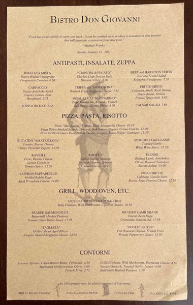 2001 BISTRO DON GIOVANNI Original Italian Restaurant Menu Napa Califor – Vintage Menu Mania