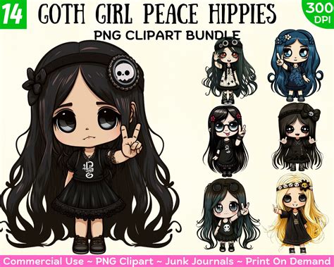 Cute Kawaii Goth Girl Peace Sign Hippy Clipart Chibi Bundle Free