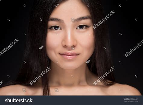 closeup portrait naked asian woman smiling stock photo