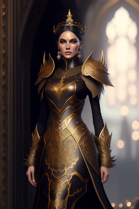 Lexica - Full body gothic queen wearing ornate filigree armor by