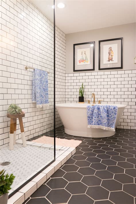 midcentury bathroom; black hexagon tile; subway tile bath | White ...