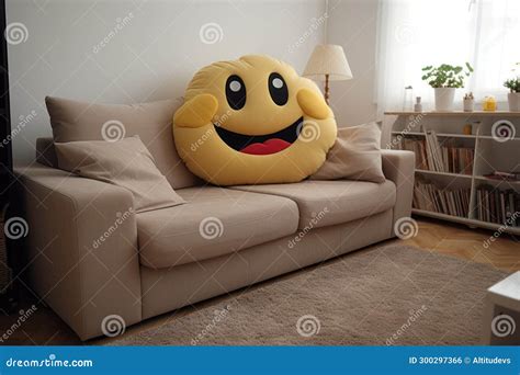 A Smiley Face Emoji Cushion on a Cozy Living Room Sofa Stock Photo ...