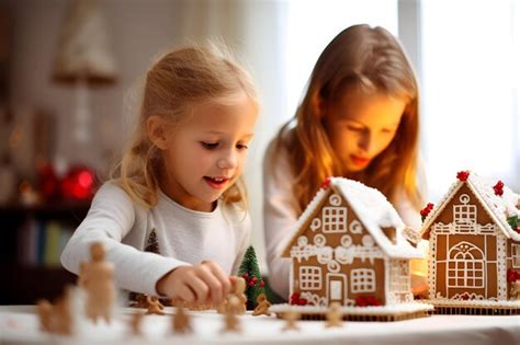 Premium Photo | Kids building a gingerbread house with a Christmas ...