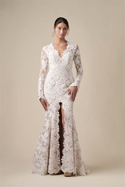 Long Sleeve Lace Sheath Wedding Dress With Open Back And Slit