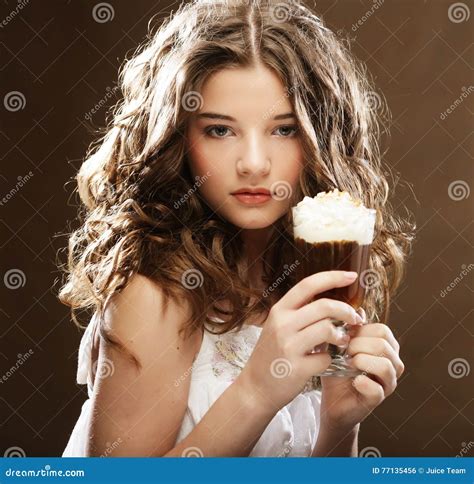 Girl with Glass of Coffee Witn Cream Stock Photo - Image of design