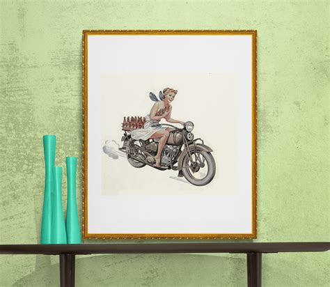 Vintage pinup fairy on motorcycle delivering beer mid century | Etsy