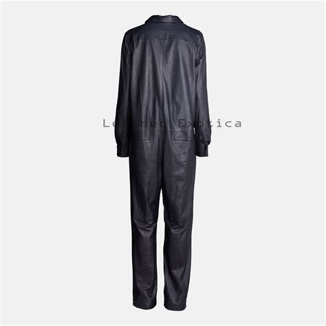Shirt Style Women Leather Jumpsuit - Leatherexotica