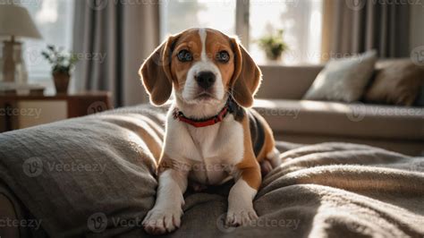 A beagle resting on a cozy blanket in a sunlit living room. 60133269 Stock Photo at Vecteezy