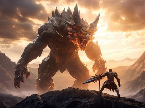 Premium AI Image | Illustrate a heroic warrior locked in a monumental ...