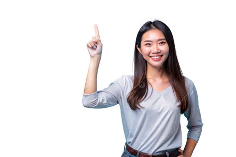 Beautiful Smiling Asian Woman Pointing Finger Up To Side, Woman