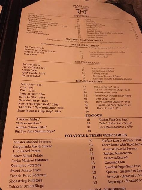 Menu at Mastro's Steakhouse, Scottsdale