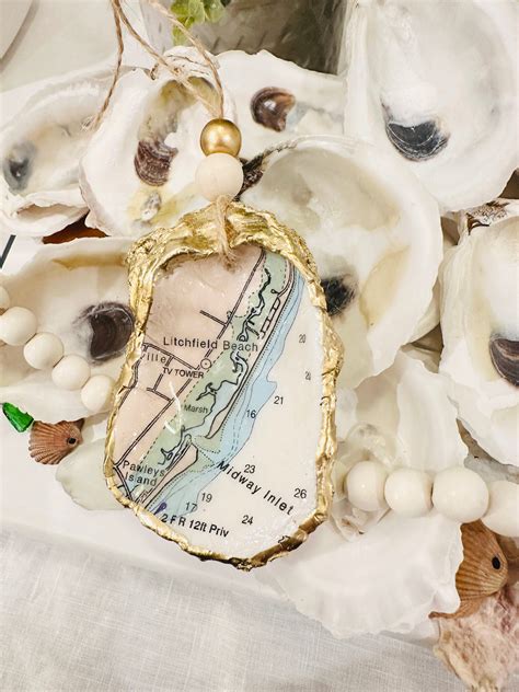 Litchfield Beach South Carolina Map Oyster Shell Ornament, Decoupage