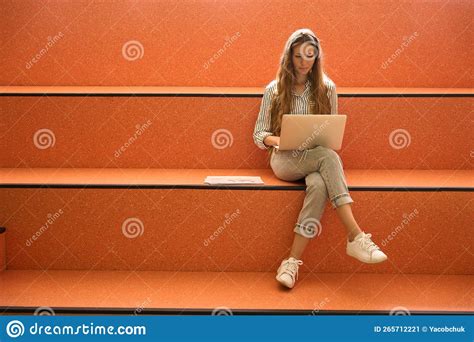 Smiling Pretty Lady is Typing on Laptop Stock Image - Image of ...