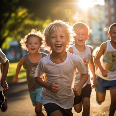 premium photo happy children running   park