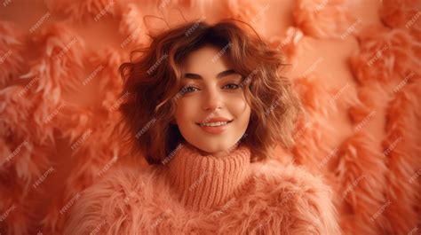 Premium Photo | Beautiful woman in a peach fuzz sweater on a background ...