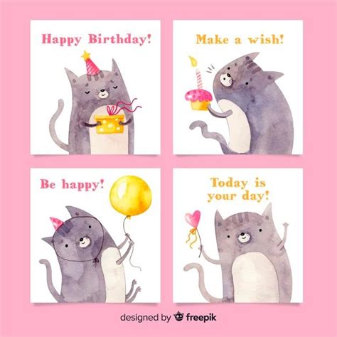 Free Vector | Watercolor style birthday card collection | 猫の誕生日, バースデー ...