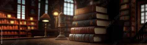 wide banner of old vintage library stack of antique books on old wooden ...