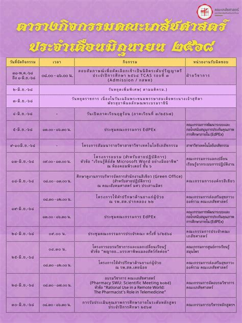 ตารางกิจกรรมคณะเภสัชศาสตร์ ประจำเดือนมิถุนายน 2568 - คณะเภสัชศาสตร์