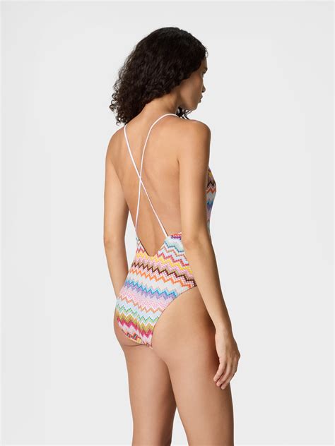 One-piece swimsuit in lamé viscose with pixel-effect zigzag pattern and