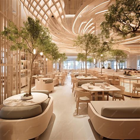 Premium AI Image | the interior of a restaurant with trees and benches