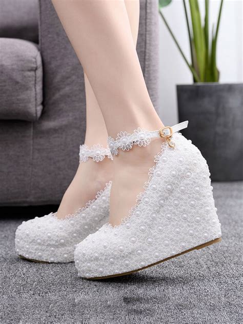 Round Toe Lace Flower Ankle Strap Wedge Heel Wedding Shoes – BABARONI