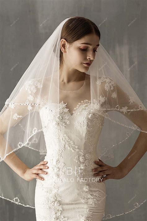 Beaded Two-tiered Fingertip Length Wedding Veil | Brydealo