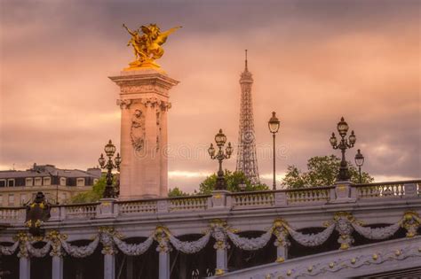 Eiffel Tower and Pont Alexandre III at Dramatic Sunset, Paris, France ...