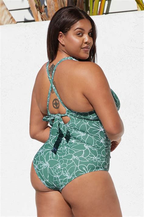 Vines of Lines Shirred Tie Back Plus Size One Piece Swimsuit