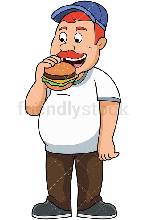 Fat Man Eating Burger Cartoon Vector Clipart - FriendlyStock