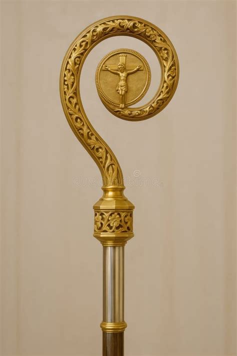 golden bishop  crosier  saint figurine  ornate scrollwork stock