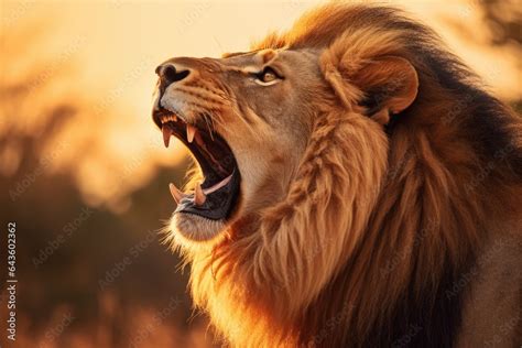 roaring lion close  side view portrait   lion evening backlit
