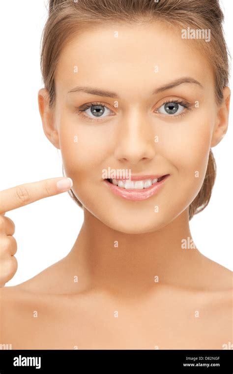 woman showing  teeth stock photo alamy
