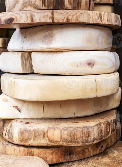 Market with wooden cutting boards from various types of wood - beech