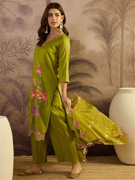 olive green floral embroidered straight kurta  trouser dupatta
