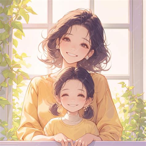 Premium Photo | Anime image of a mother and daughter sitting on a bench