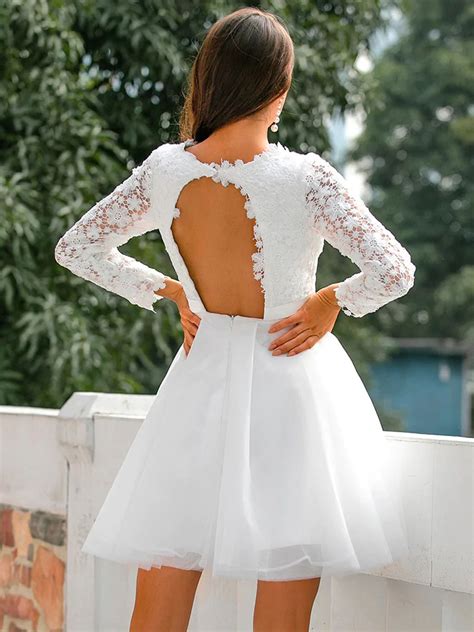 Short Wedding Dress 2023 Jewel Neck Long Sleeves A-Line Lace Short ...