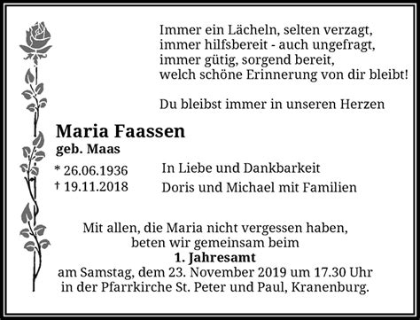 Alle Traueranzeigen für Maria Faassen | trauer.rp-online.de