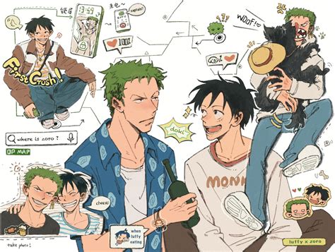 monkey d. luffy, roronoa zoro, and marimo zoro (one piece) drawn by