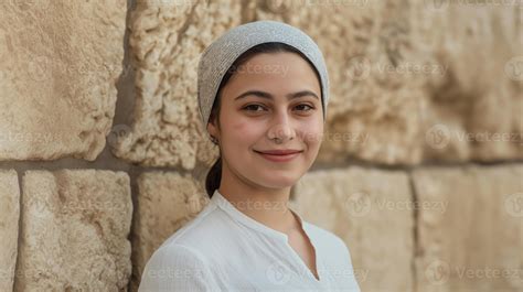 Young Jewish Woman Smiling in Front of Historic Western Wall, Cultural