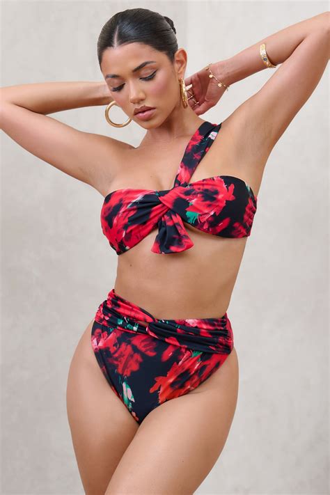 High Tide Multi Print High Waisted Twist Front Bikini Bottoms – Club L