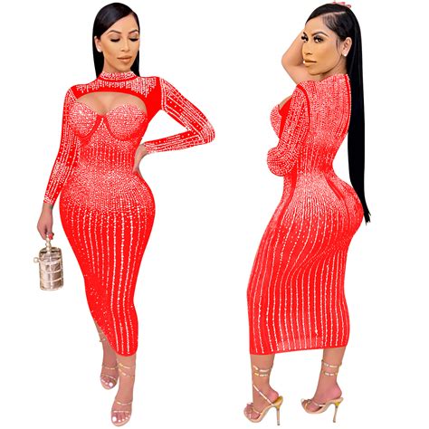 Party nightclub gauze see-through hot diamond with diamond strap dress