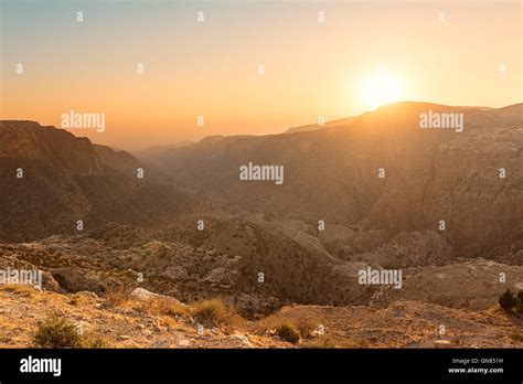 Dana Biosphere Reserve landscape at sunset from Dana historical village ... 