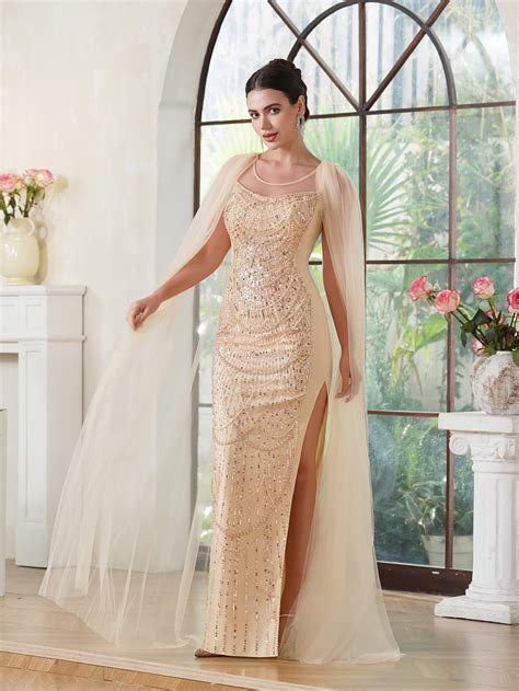 Elegant Mermaid Polyester Knitted Scoop Sleeveless Champagne Gold Prom