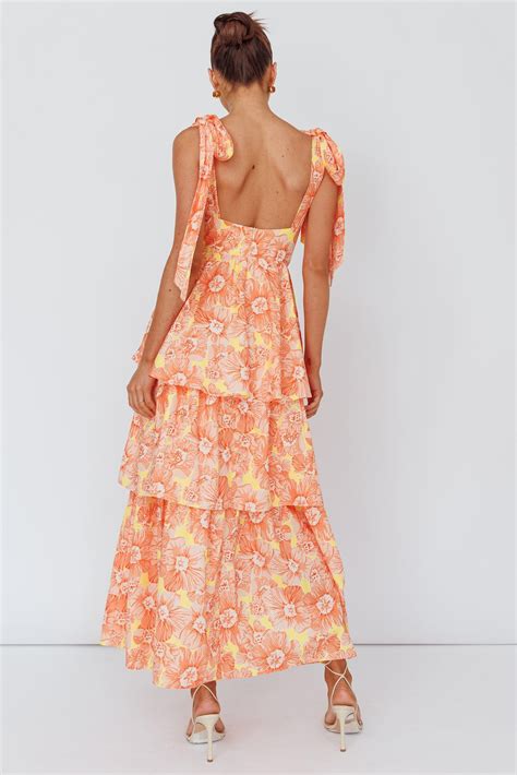 Arlowe Tied Shoulder Tiered Midi Dress Floral Orange | Sunmer dresses